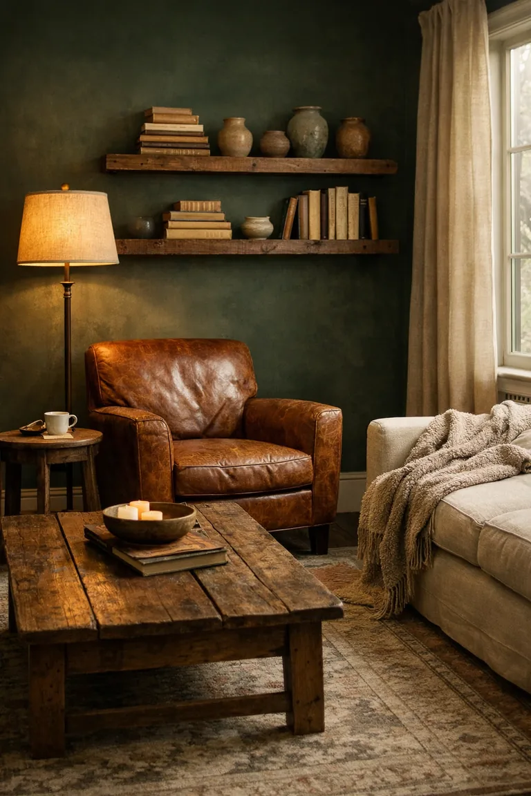 Vintage-style living room with hunter-green walls, a cognac leather armchair, reclaimed wood shelves with books and pottery, and neutral textiles under warm lamp light.