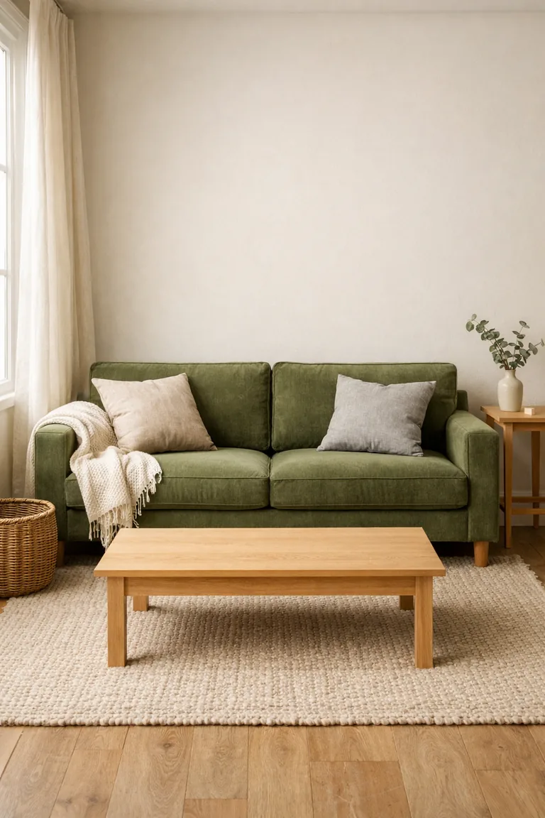 A moss green sofa with neutral pillows and a cream throw sits on a beige rug with a light oak coffee table, wicker basket, and a small wooden side table by a window with linen curtains.