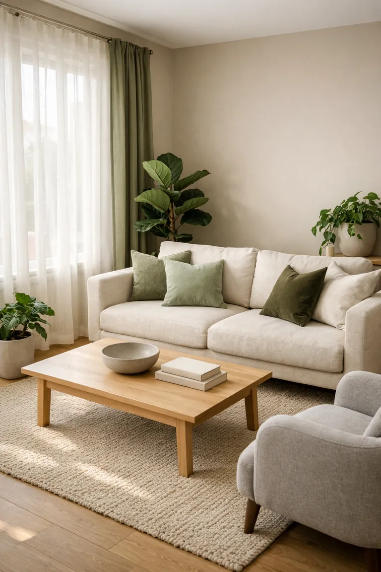 Neutral living room with a cream sofa, green throw pillows, olive drapery over sheer curtains, light wood coffee table, beige rug, gray armchair, and leafy potted plants lit by daylight from a window.