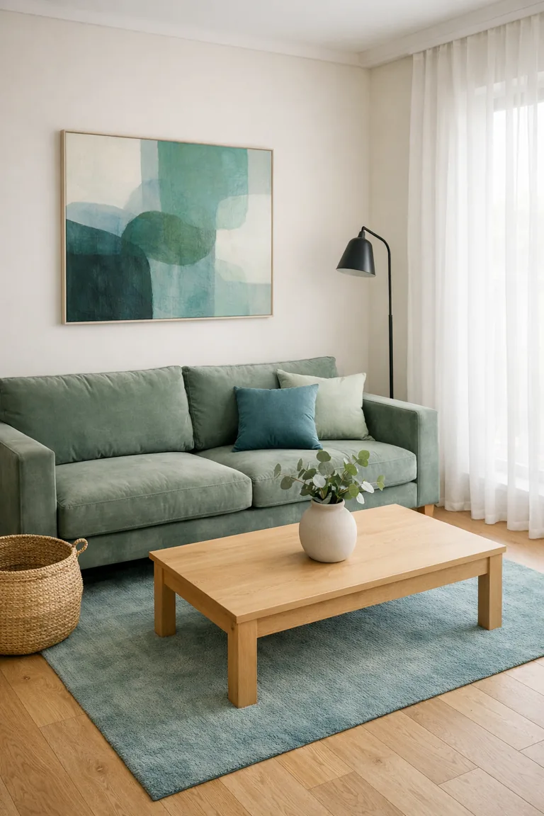 A muted sage-green sofa sits on a soft teal rug beside a light oak coffee table, with off-white walls, sheer curtains, and minimal teal-and-green accents.