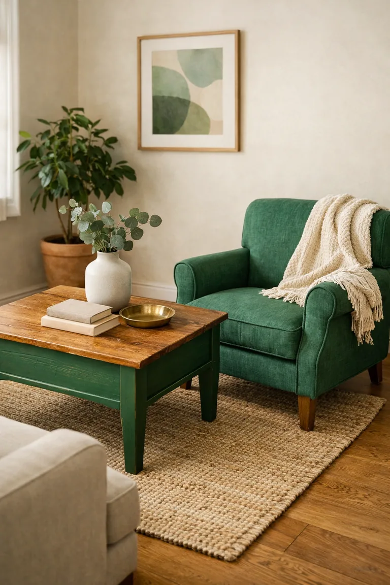 A jade green upholstered vintage armchair beside a refurbished wood coffee table with a dark green painted base on a jute rug in a softly lit living room corner.