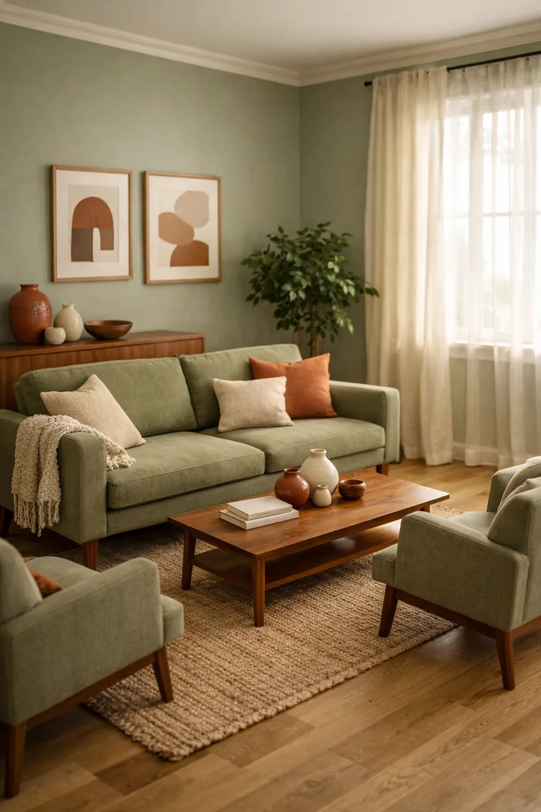 A sage green living room with a mid-century sofa and armchairs, walnut coffee table and sideboard, jute rug, neutral curtains, and soft afternoon light.