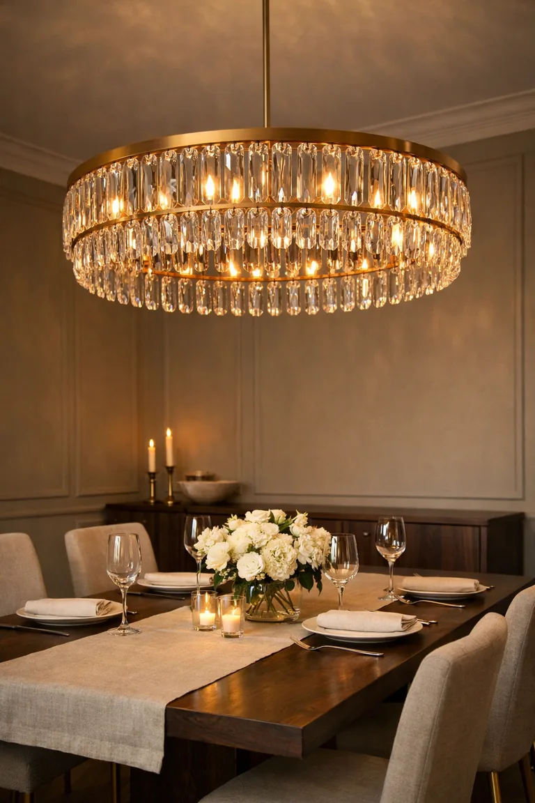 A crystal and warm-gold chandelier hanging over a dark wood dining table set with neutral linens, white dishes, clear glasses, and white flowers, with beige upholstered chairs in a softly lit room.