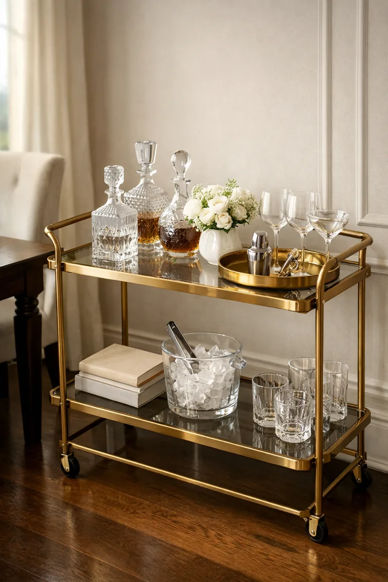 Brass and glass two-tier bar cart with crystal decanters, stemware, white flowers, a gold tray, books, and an ice bucket in a softly lit dining room corner.