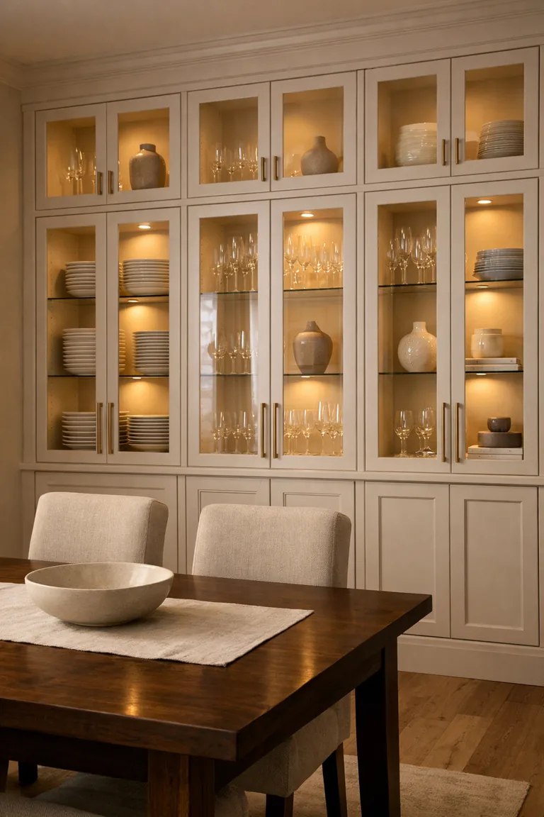 Warm white built-in glass-door display cabinets with interior lighting behind a walnut dining table and beige upholstered chairs.