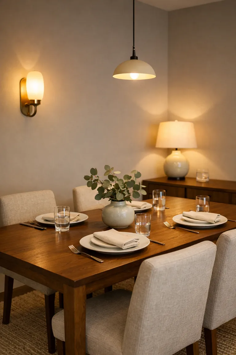 A walnut dining table set for four with a lit brass wall sconce, a lit table lamp on a sideboard, and a dim pendant light creating warm layered lighting.