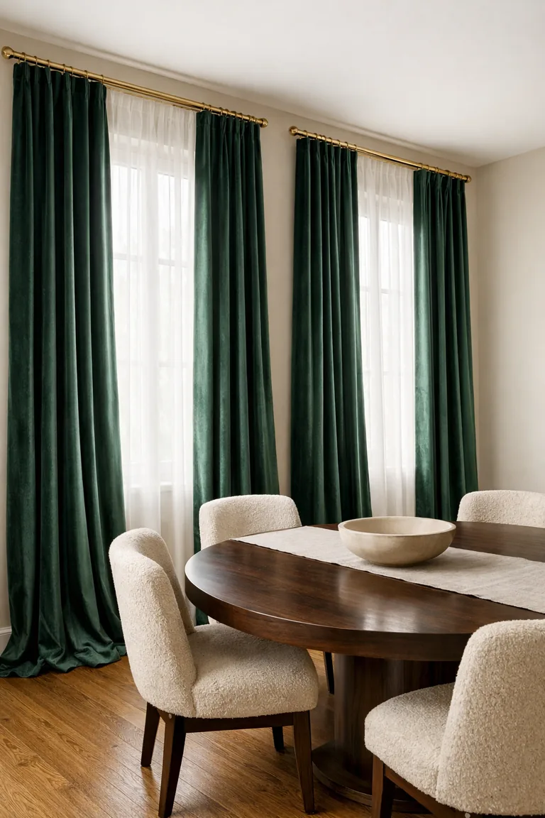 An elegant dining room with two tall windows framed by floor-to-ceiling emerald velvet drapes on a brass rod, a dark wood round table, ivory upholstered chairs, and soft daylight through sheer curtains.