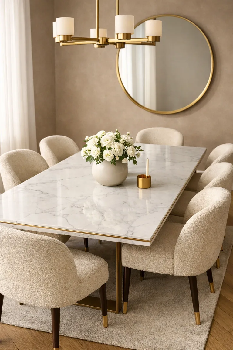 A white marble dining table with brass detail, surrounded by ivory bouclé chairs, under a brass chandelier with a brass-framed round mirror on a taupe wall.