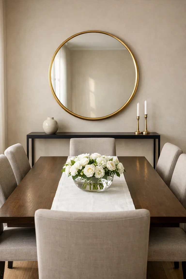 A dining room with a dark wood table and light upholstered chairs facing a wall with a large round gold-framed mirror above a slim black console table with small decor.