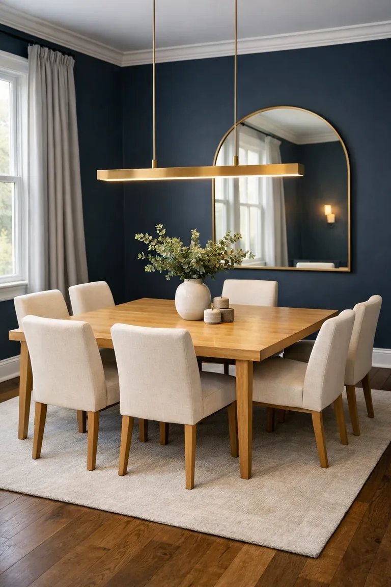 Dining room with deep navy walls, a light oak table on a pale rug, ivory upholstered chairs, and a brushed brass pendant light.