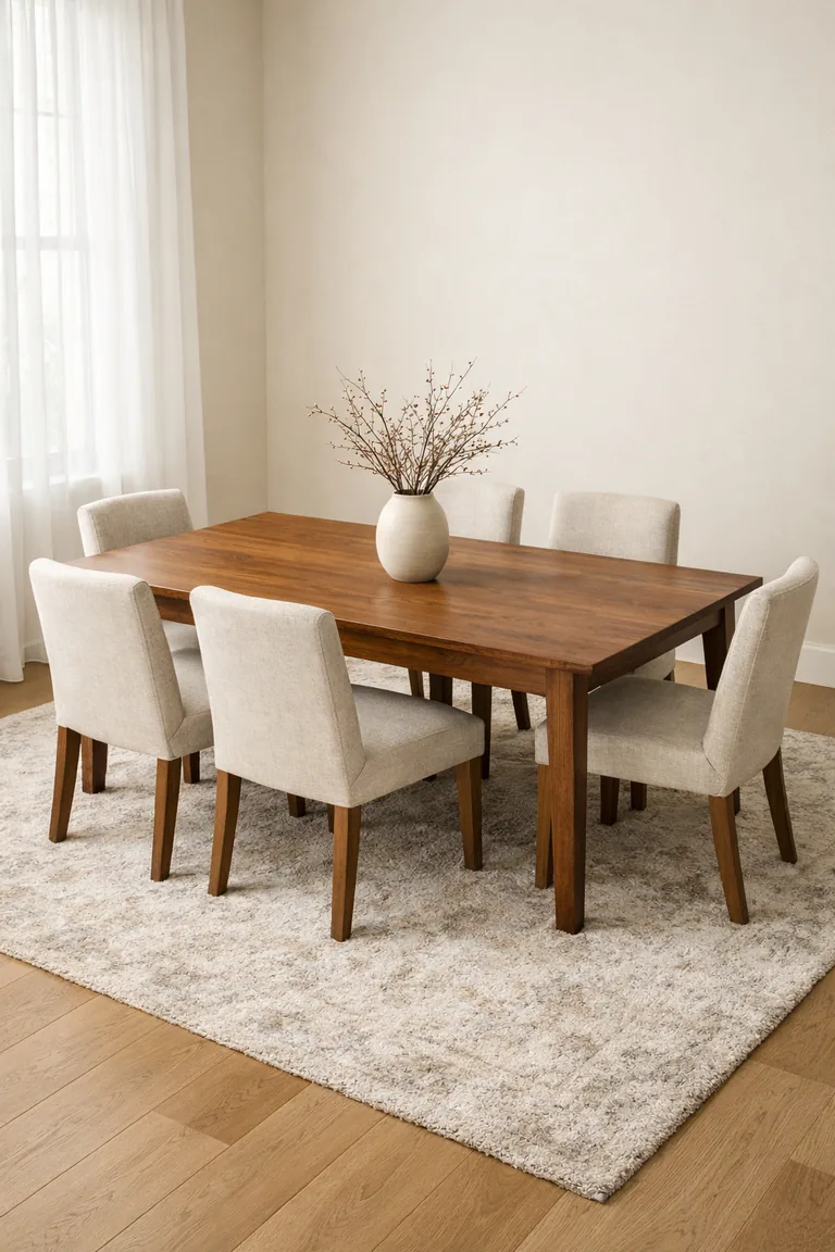 A walnut dining table with six upholstered chairs sits on a plush ivory-and-taupe patterned area rug in a bright dining room with sheer-curtained windows and light oak floors.