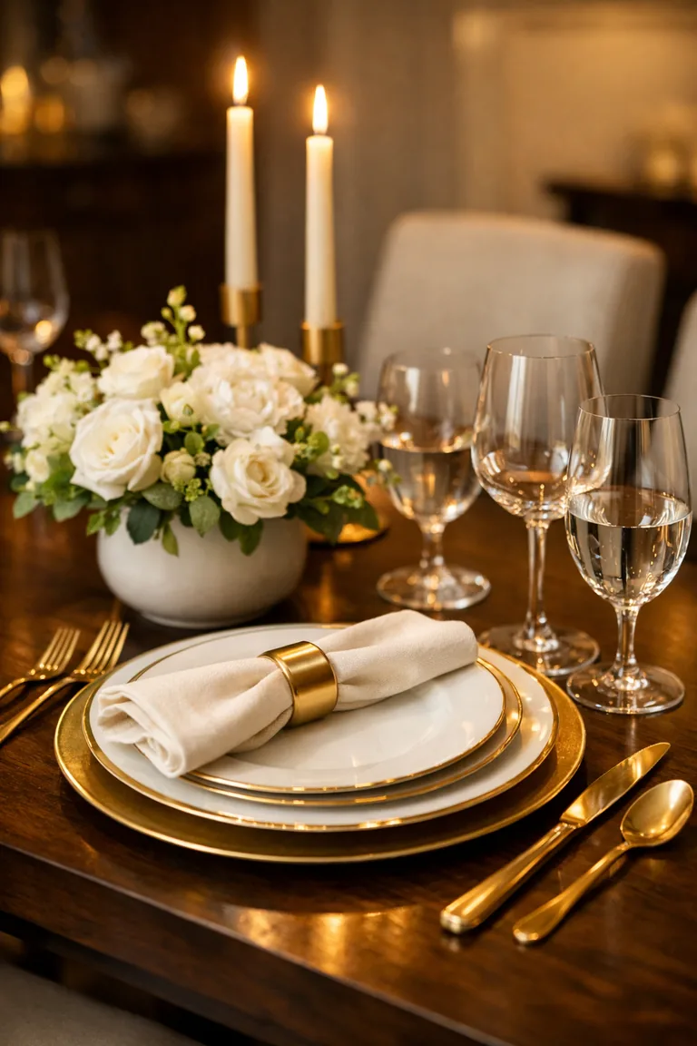 A close-up of a set dining table with ivory linen napkins in gold napkin rings, cream and gold-rimmed chargers under white plates, and clear crystal glasses beside a low floral centerpiece and two taper candles.