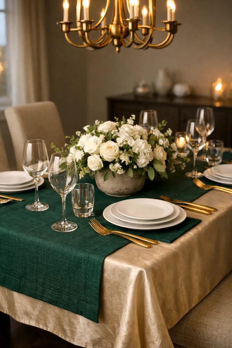 A dining table with a champagne silk tablecloth and an emerald linen runner, set with white plates, gold flatware, crystal glasses, and a low floral centerpiece under warm chandelier light.