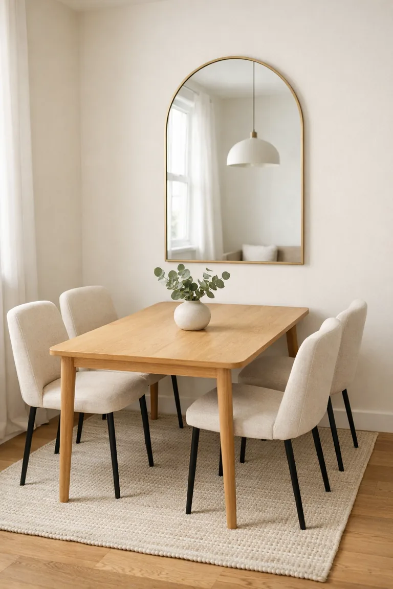 Small dining nook with a slim light-wood table, four slender ivory chairs, and a large arched brass-framed wall mirror reflecting light.