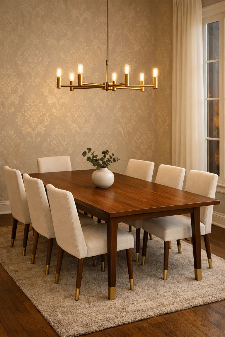 Elegant dining room with pale gray damask wallpaper with subtle gold metallic accents, a walnut table with six ivory upholstered chairs, and a brushed-brass chandelier.