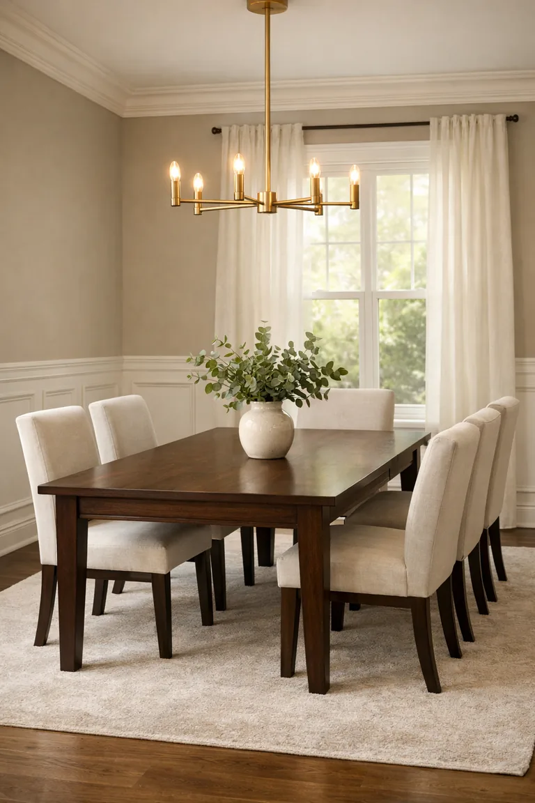 Dining room with white wainscoting and crown molding, a dark wood table with six upholstered chairs, a brass chandelier, and a window with sheer curtains.