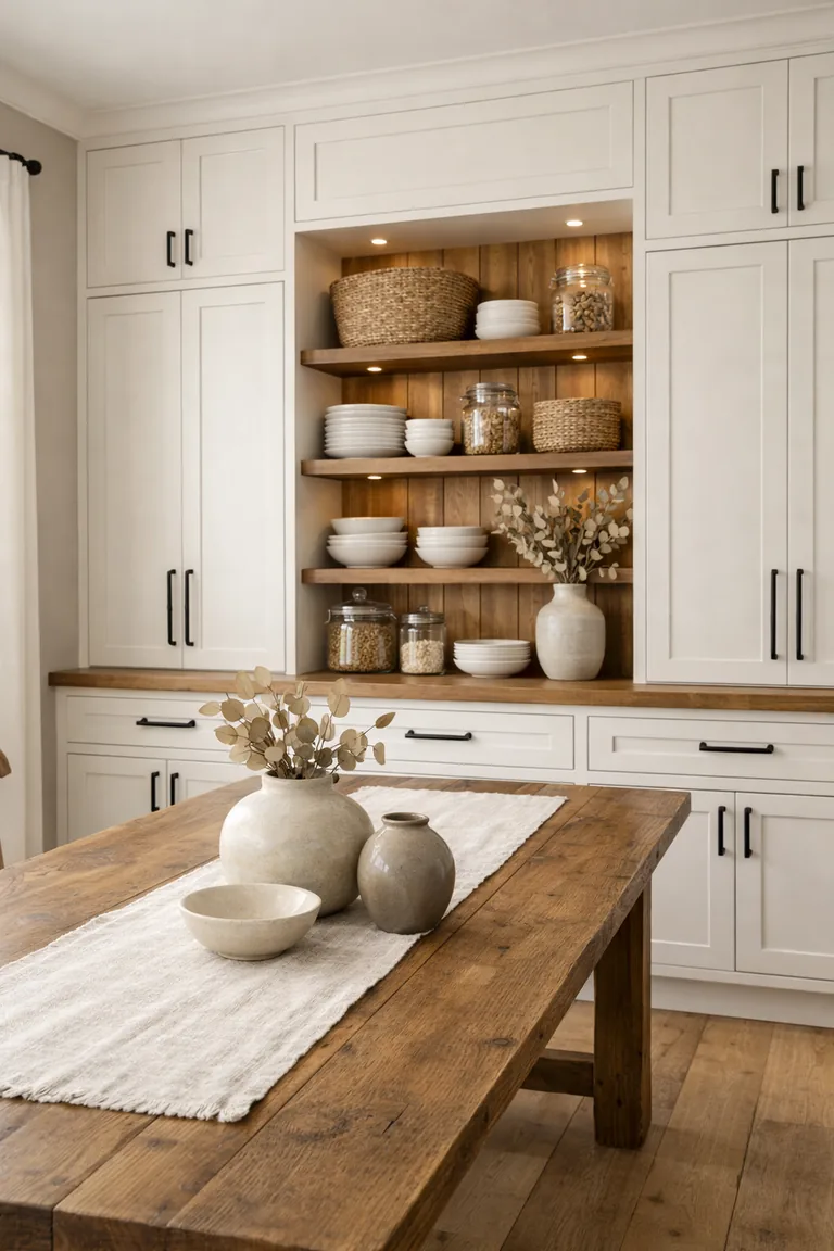 A modern farmhouse dining room with warm white built-in cabinets and open wood shelves styled with white dishes, woven baskets, and simple neutral decor beside a rustic oak table.