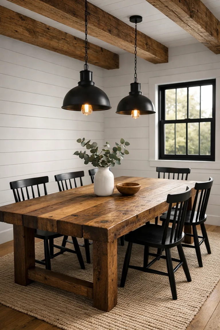 A modern farmhouse dining room with a reclaimed wood table, black chairs, white shiplap walls, wood ceiling beams, and black pendant lights above a jute rug.