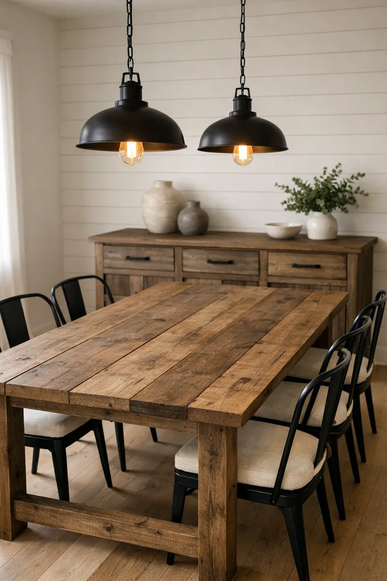 A reclaimed wood dining table with black metal chairs sits under two black industrial pendant lights, with a rustic wood sideboard featuring matte-black hardware against a white shiplap wall.
