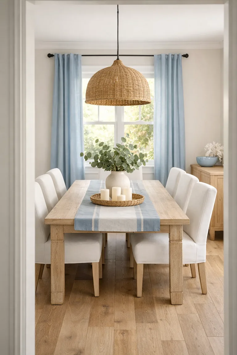 A whitewashed wood dining table with white upholstered chairs, a rattan pendant light, soft blue curtains, and simple neutral tabletop decor in a bright dining room.