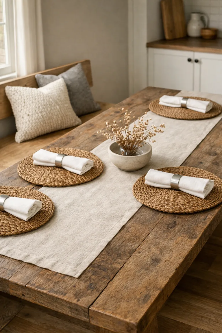 A reclaimed-wood dining table with a linen runner, woven placemats, folded white napkins, a small ceramic centerpiece, and a bench with two neutral throw pillows beside it.