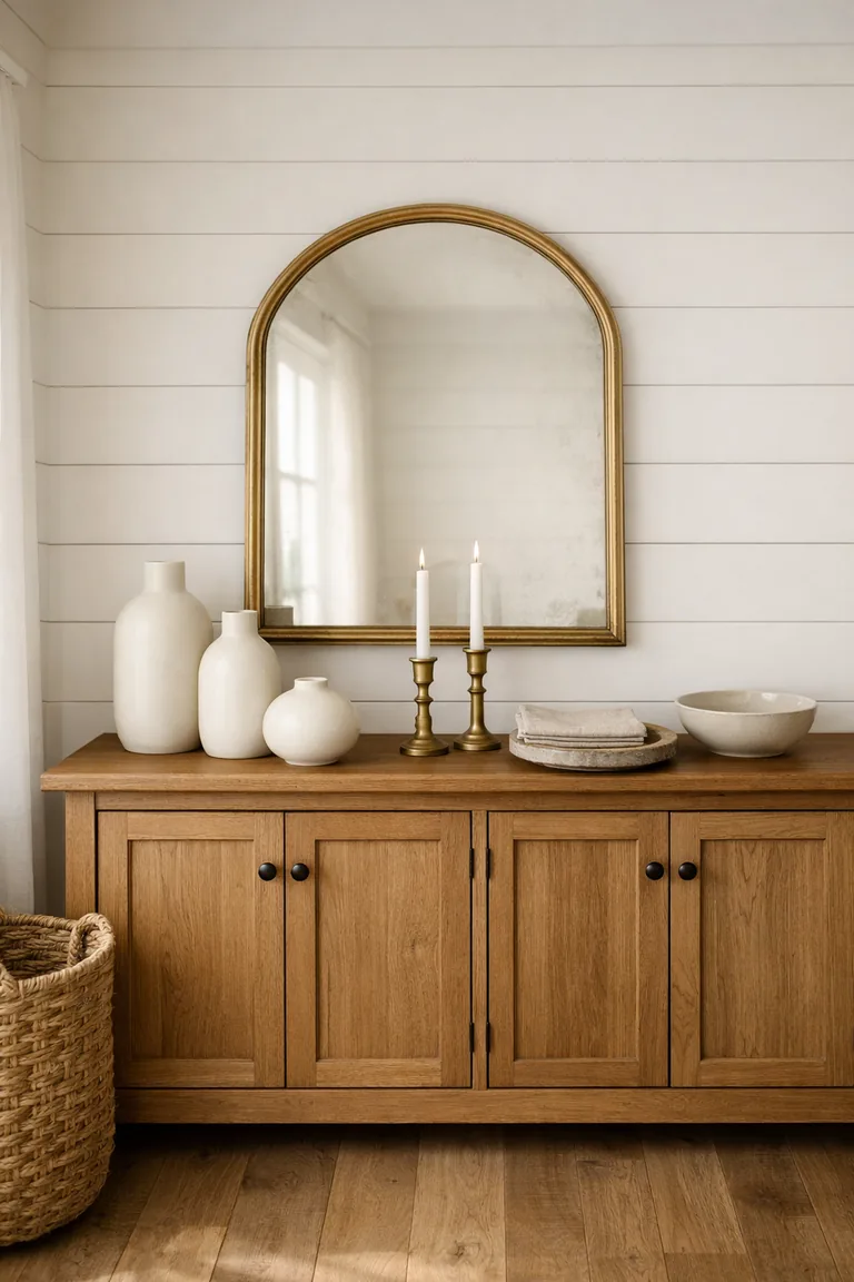 A warm wood farmhouse sideboard topped with ivory ceramic vases and brass candlesticks, with an arched vintage-style mirror above on a white shiplap wall.