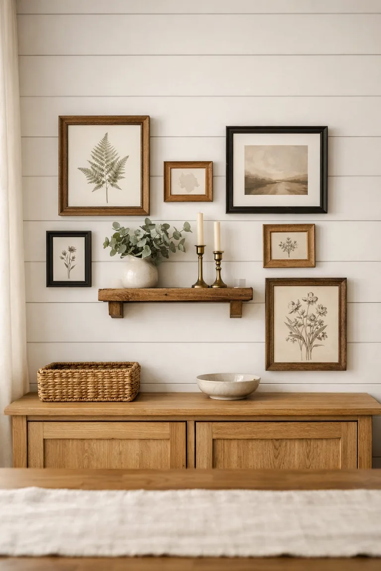 A modern farmhouse dining room wall with an asymmetrical gallery of mixed wood and black frames above a light oak sideboard with eucalyptus, candlesticks, and a woven basket.