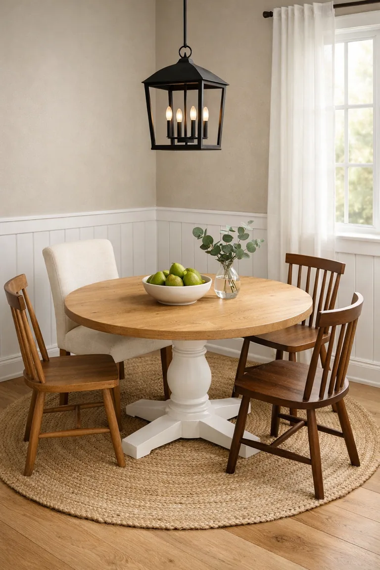 A small modern farmhouse dining nook with a round light oak pedestal table on a jute rug, mixed chairs, shiplap wainscoting, and a black lantern pendant light.