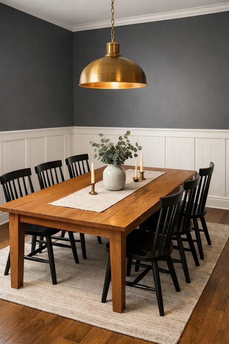Modern farmhouse dining room with white wainscoting and charcoal upper walls, a natural wood table with black chairs, and a brass pendant light.