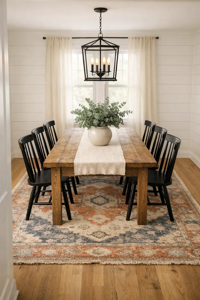A modern farmhouse dining room with a reclaimed wood table and black chairs centered on a distressed vintage-pattern rug in terracotta, navy, and cream, lit by a black lantern chandelier and daylight from a window with sheer curtains.