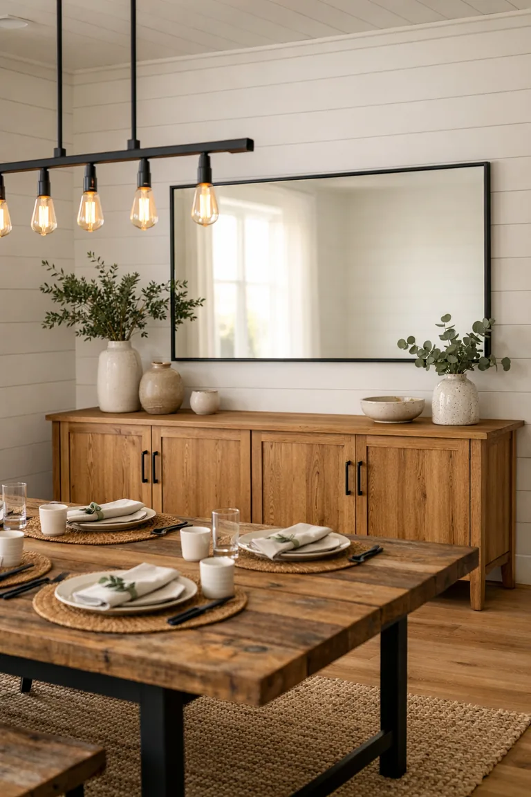 A modern farmhouse dining room with a large black-framed mirror above an oak sideboard, a reclaimed-wood dining table, and a black linear chandelier over a jute rug.