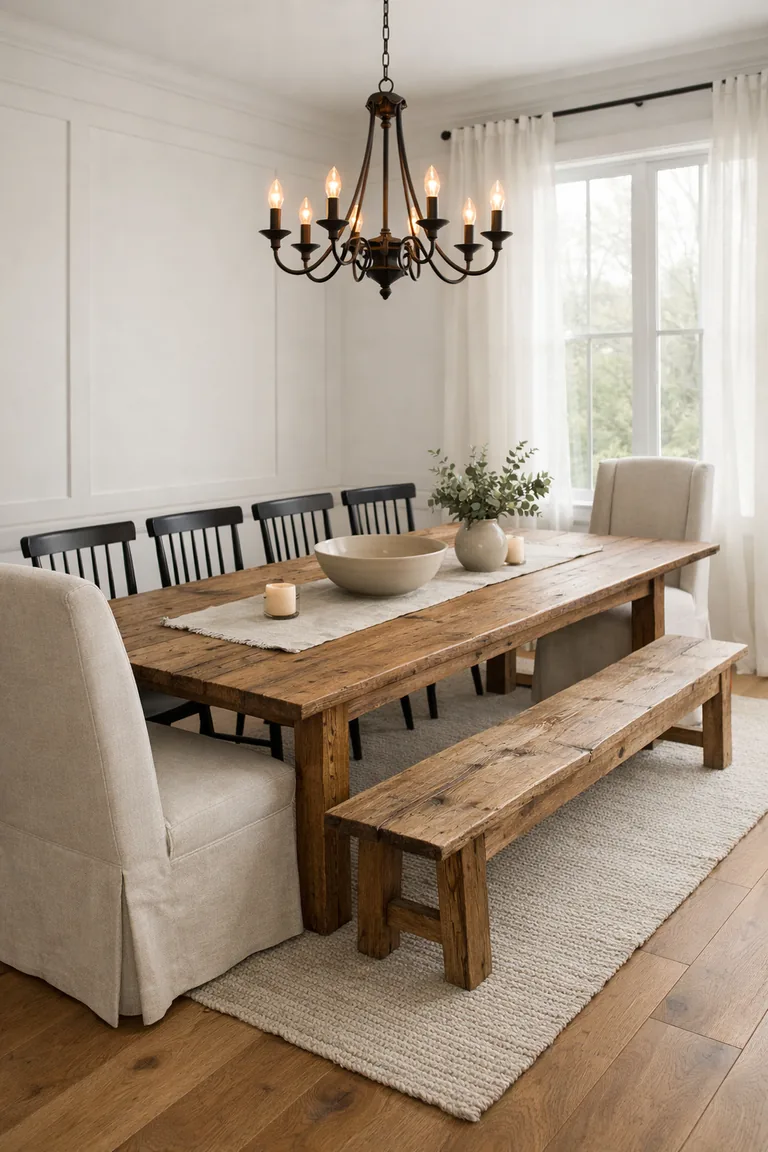 A modern farmhouse dining room with a reclaimed wood table, black spindle-back chairs, oatmeal slipcovered end chairs, and a rustic wood bench under soft daylight.