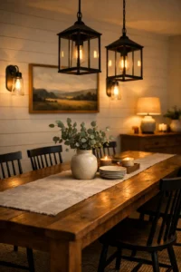 Modern farmhouse dining room with a reclaimed wood table, two lantern pendant lights, wall sconces on a shiplap wall, and a sideboard with a lit table lamp.