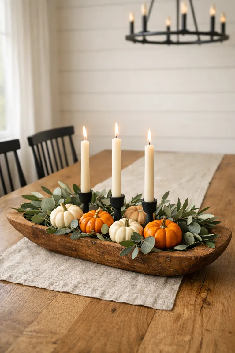 A wooden dough bowl centerpiece with taper candles, greenery, and mini pumpkins on a natural wood dining table in a modern farmhouse dining room.