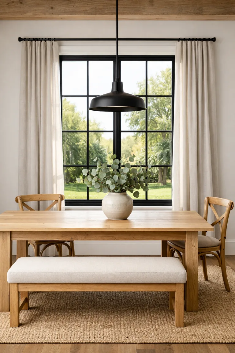 A modern farmhouse dining area with a black-framed window, soft greige linen curtains, a light oak table, mixed wood chairs, a cream upholstered bench, and a jute rug in natural daylight.