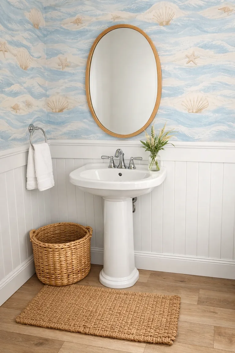 Guest bathroom with blue-and-sand coastal wallpaper above white shiplap, a white pedestal sink with chrome faucet, an oval wood-framed mirror, woven basket, jute bath mat, and white towels.
