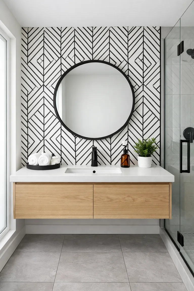 Modern bathroom with black-and-white geometric wallpaper behind a floating light wood vanity, white countertop and sink, matte black faucet, and a round black-framed mirror, with a glass shower on the right.