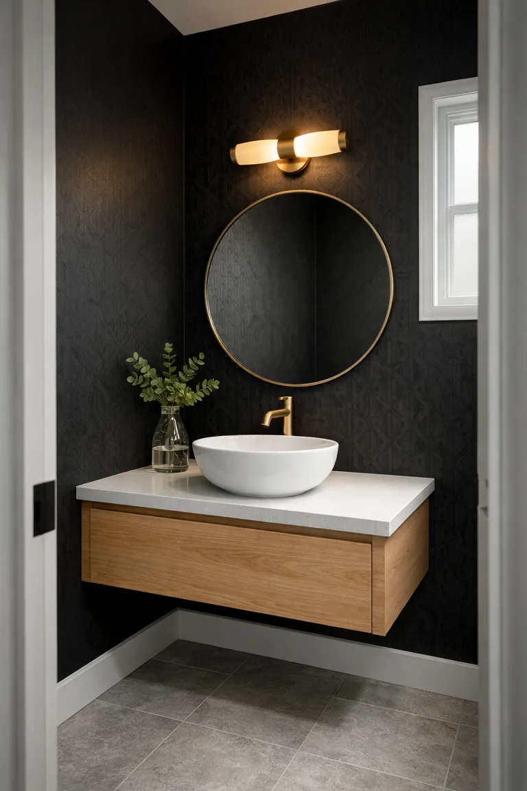 Small powder bathroom with matte black patterned wallpaper, a light oak floating vanity with white countertop, round mirror, brass sconce, vessel sink, and light gray tile floor.