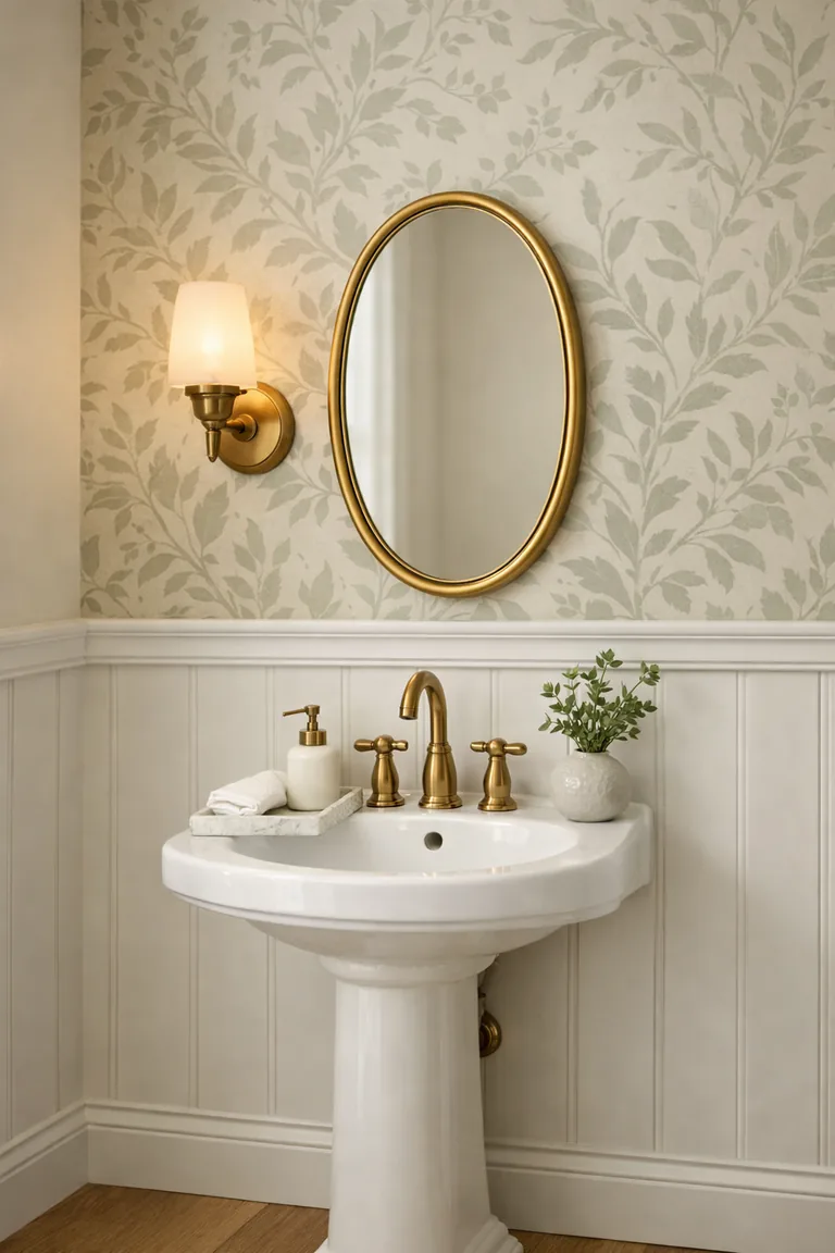 Powder room with sage botanical wallpaper on the upper wall and white board-and-batten paneling below, featuring a pedestal sink, brass faucet, oval brass mirror, and a warm wall sconce.