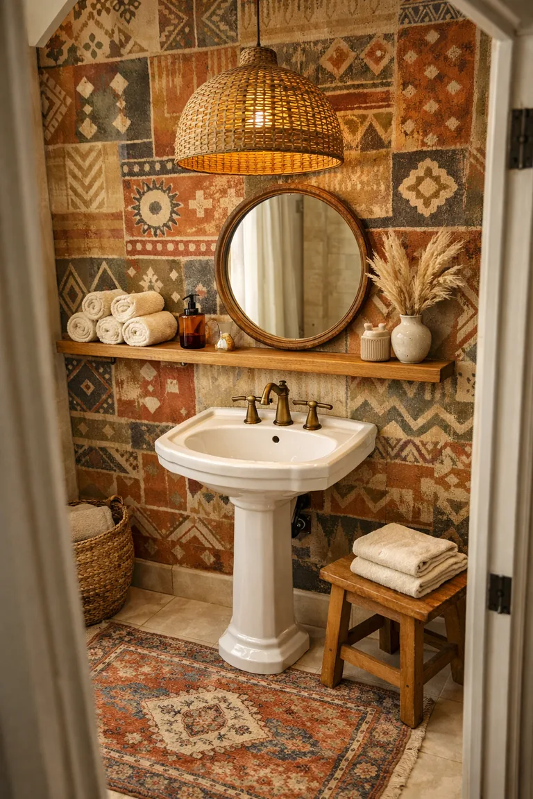 Boho bathroom with global-print wallpaper, a white pedestal sink, a round wood-framed mirror, oak shelf styling, a woven pendant light, and a patterned rug on light tile.