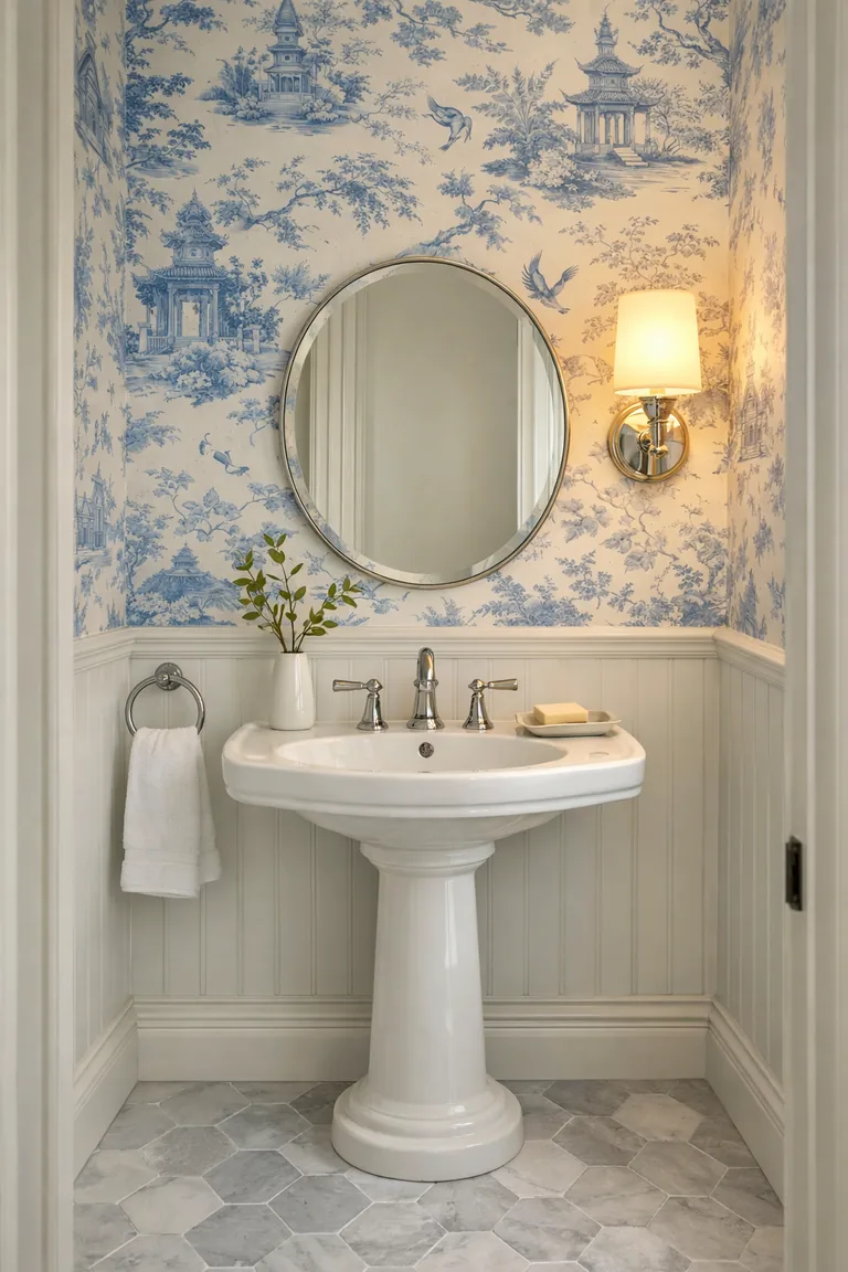 A small powder room with blue-and-white chinoiserie wallpaper, a white pedestal sink with chrome faucet, a round mirror, a warm wall sconce, white wainscoting, and a light marble hex tile floor.