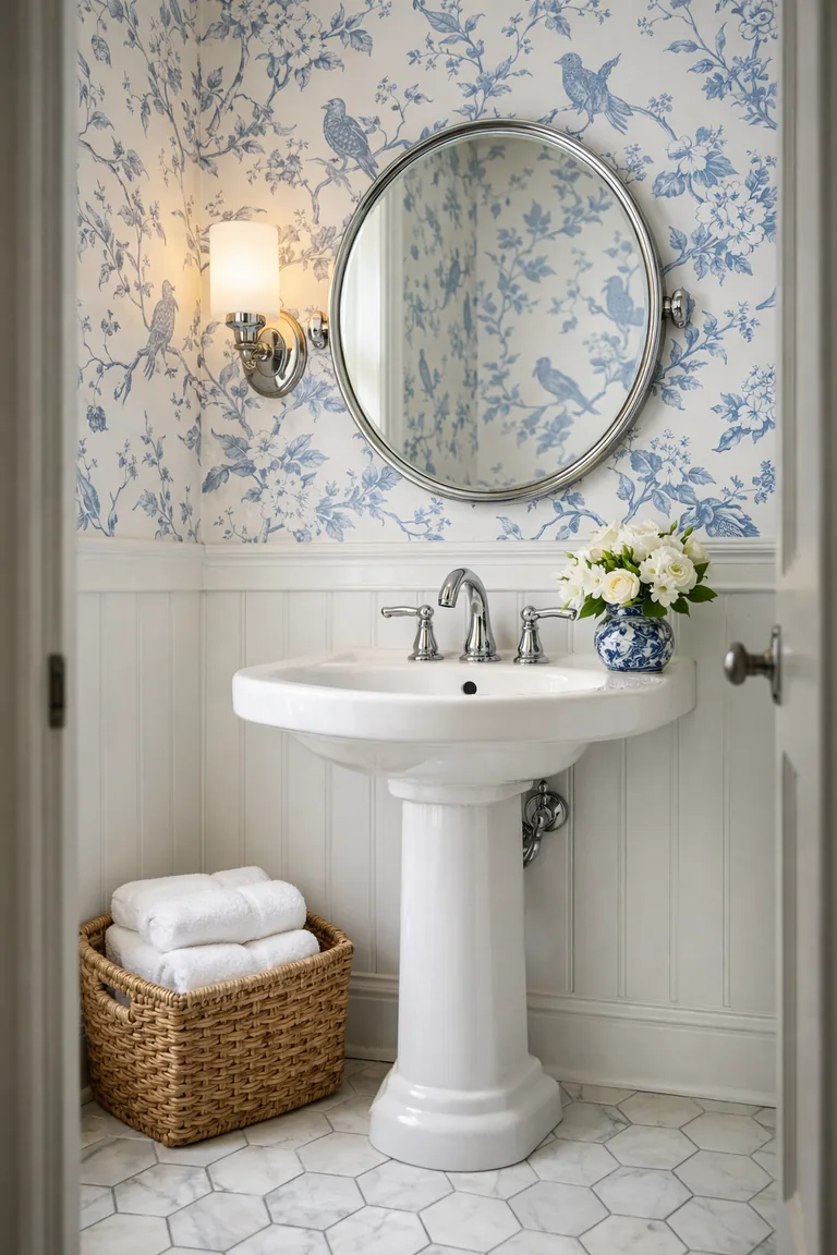 A powder room with blue-and-white patterned wallpaper above white wainscoting, a white pedestal sink with chrome faucet, a round chrome mirror, a warm wall sconce, and a white marble hex tile floor with a rattan basket of towels.