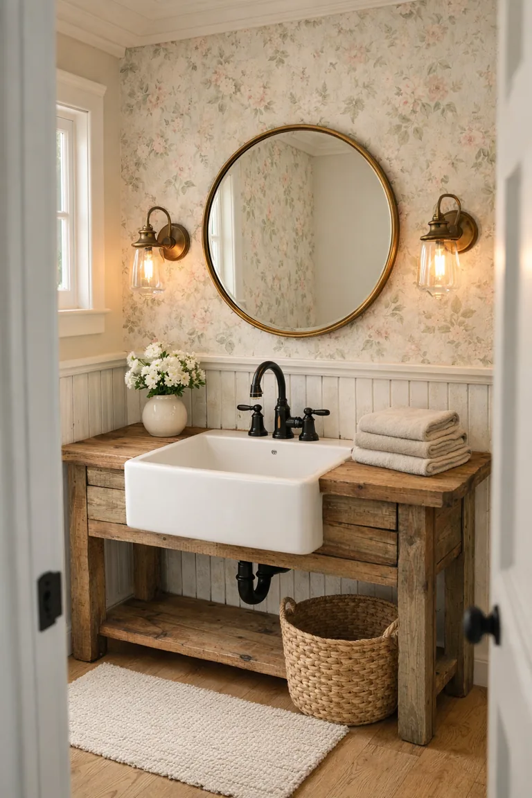 Farmhouse bathroom with pastel floral wallpaper, whitewashed beadboard, a rustic wood vanity with a white sink, a round brass-framed mirror, and warm vintage wall sconces.