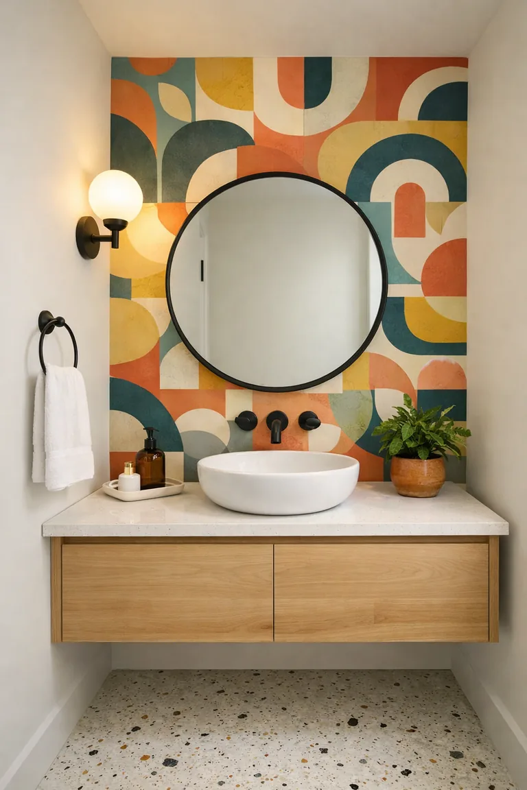 A small bathroom with a bold abstract retro wallpaper accent wall, a light oak floating vanity with a white countertop and vessel sink, a round black-framed mirror, matte black faucet, and white terrazzo flooring.