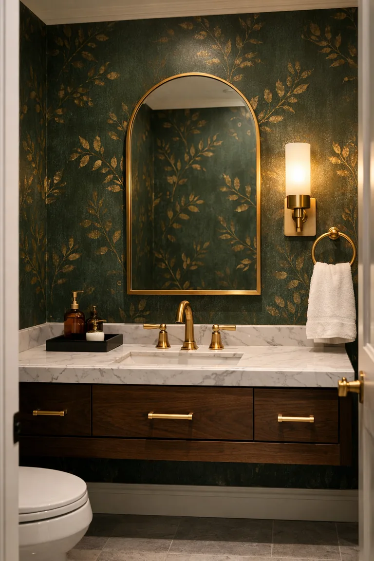 Moody bathroom with deep emerald metallic-pattern wallpaper, a dark wood floating vanity with white marble top, brushed brass faucet, arched brass-framed mirror, and warm brass sconce lighting.