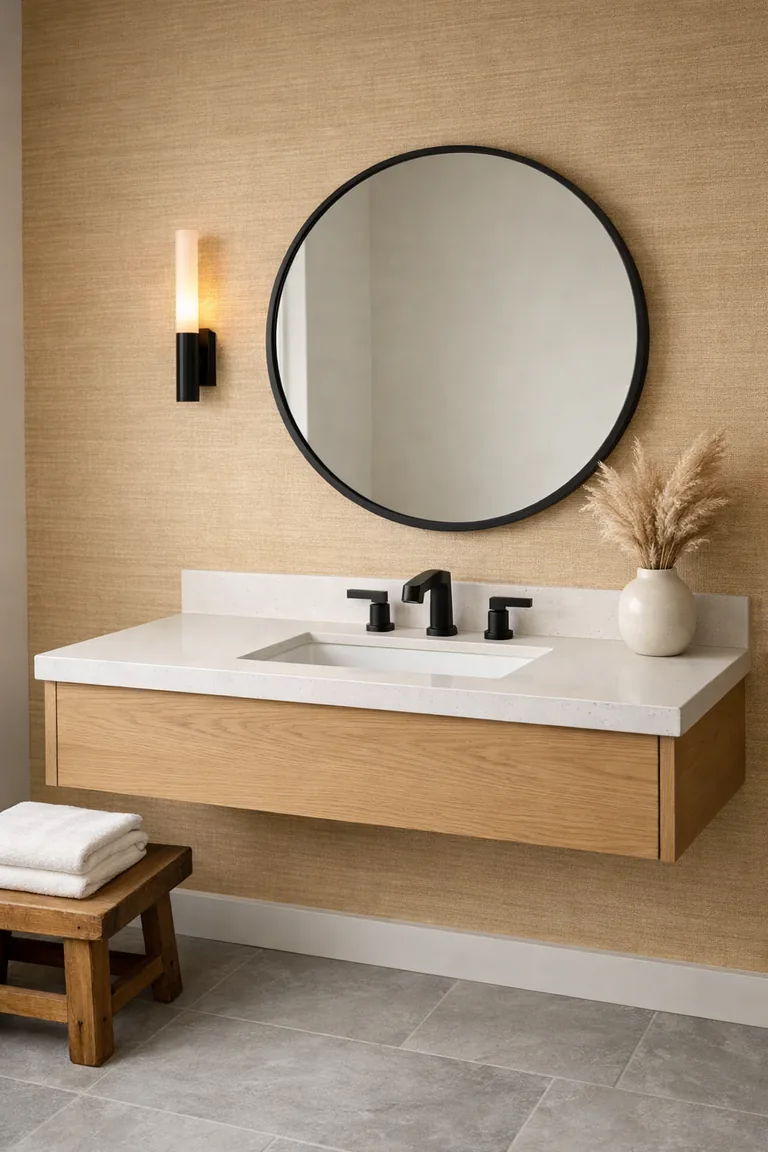 Bathroom with warm beige grasscloth wallpaper behind a white oak floating vanity, white quartz countertop, matte black faucet, round black-framed mirror, and a warm-lit wall sconce.