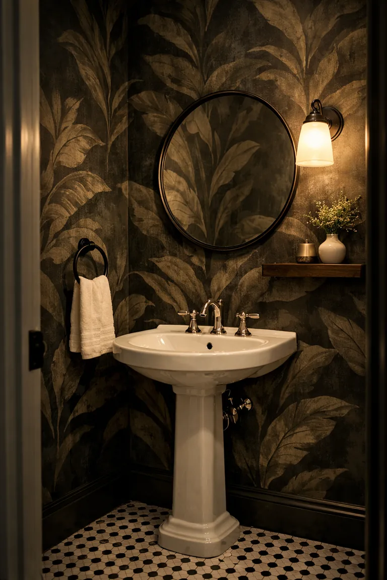 A small powder room with dark botanical wallpaper, a white pedestal sink, a round black-framed mirror, warm wall sconce lighting, and a black-and-white hex tile floor.