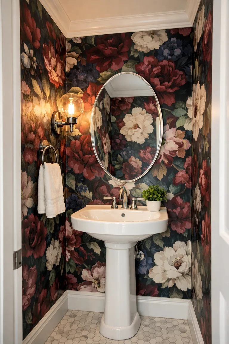 Small powder bathroom with deep jewel-tone oversized floral wallpaper, a white pedestal sink, oval mirror, warm globe wall sconce, and white hexagon marble tile floor.