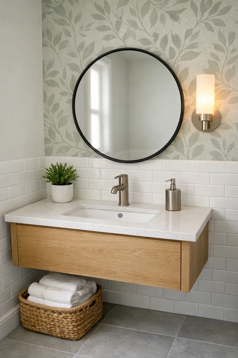 Small bathroom with sage botanical wallpaper behind a light oak floating vanity, white countertop and sink, black round mirror, warm sconce, white subway tile wainscoting, and light gray tile floor.