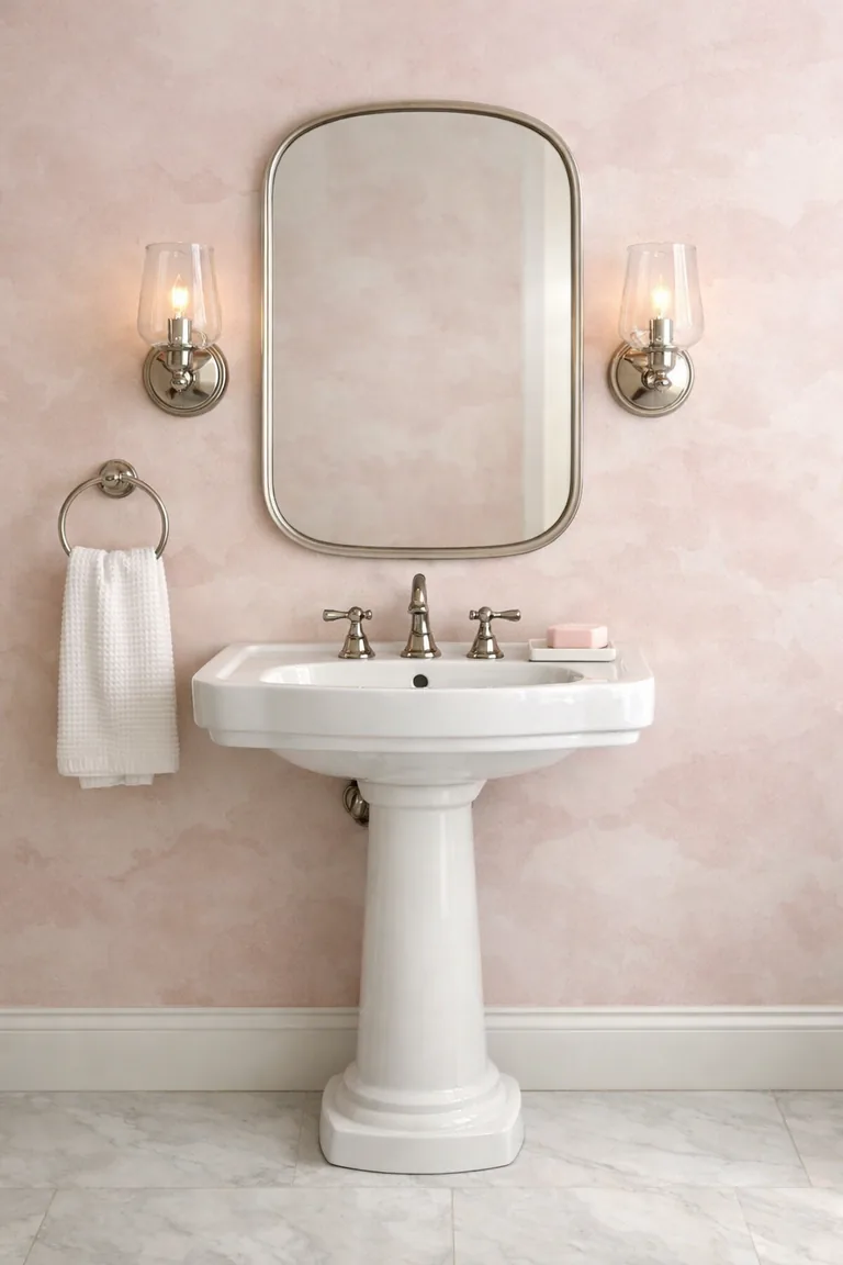 A bathroom with blush pink watercolor wallpaper, a white pedestal sink with a nickel faucet, a rounded mirror, glass sconces, and light marble flooring.